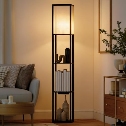 HOMCOM Lampada da Terra LED con Ripiani, Interruttore a Pedale, Nero | Lampada Moderna, Porte USB, Temperatura della Luce Regolabile, per Soggiorno e Camera da Letto