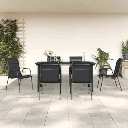 RMIHSJG Salon de jardin 7 pièces en acier et textilène noir avec structure en acier revêtu par pulvérisation et plateau en verre trempé, meubles d'extérieur résistants aux intempéries pour terrasse