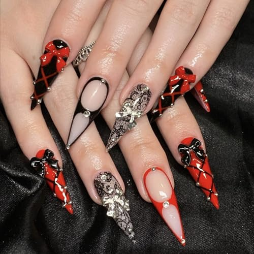 24pcs Long Stiletto False Nails Black Red Press on Nails Corset Lace-Up 3D Bow Rhinestone Design Stick on Nail Tips Removable Y2K Glue-on Fake Nail Art Accessories for Women