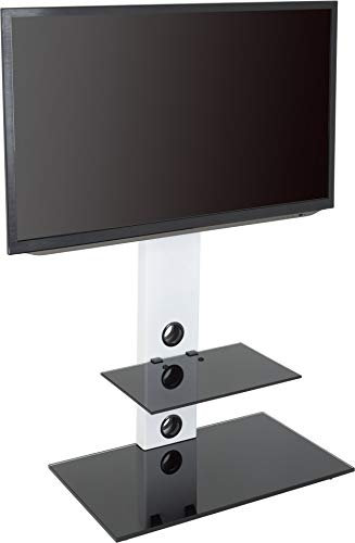 AVF Column TV Floor Stand - Pedestal TV Floorstand Unit - Up to 65 and 40kg Max - Gloss Black Safety Glass Shelves - Cable Management - Universal VESA (White Column)