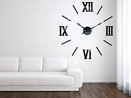 FLEXISTYLE Moderne große Wanduhr DIY Admirable 3 XXL, Roman, 100-130cm, Wohnzimmer, Schlafzimmer, hergestellt in der EU, leise, Schwarz