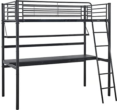 Habitat et Jardin - Lit Mezzanine avec Bureau 90 x 190 cm Noir - Cadre de Lit avec Protection Contre Les Chutes et Sommier Inclus - Lit en Métal avec Échelle pour Adultes et Enfants