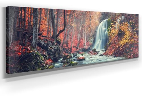 Wunderschönes Leinwandbild Wald Panorama 150x50cm – Ein einzigartiges Foto - Wasserfall im Herbst – als Wandbild. Eine schöne Wanddeko für Wohnzimmer & Schlafzimmer. Aufgespannt auf Holzrahmen