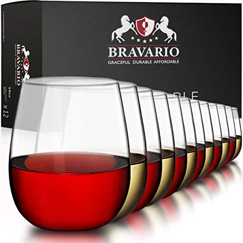 Bravario Lot de 12 verres à vin sans pied en plastique incassable | Réutilisables | 100 % plastique Tritan incassable | Passe au lave-vaisselle | Sans BPA | Idéal pour l'intérieur et l'extérieur |