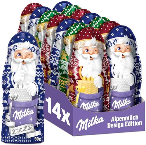 Milka Weihnachtsmann Alpenmilch Design Edition – festliche Schokoladenfigur aus zarter Alpenmilch-Schokolade in verschiedenen Designs – 14 x 90g