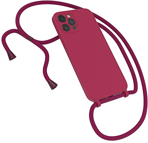 EAZY CASE Premium Silikon Handykette kompatibel mit iPhone 12 Pro Max Handyhülle mit Umhängeband, Handykordel mit Schutzhülle, Silikonhülle, Hülle mit Band, Kette für Smartphone, Beere