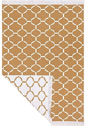 Fashion4Home Teppich Läufer - Tepiche für Wohnzimmer, Schlafzimmer, Küche, Kinderzimmer, Badezimmer - Boho Kelim - Läufer Flur, Morocco-Gold-Weiß, Größe: 140x200 cm
