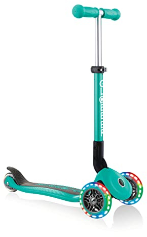 GLOBBER JUNIOR Foldable Lights – Tretroller, 120/80 mm, ABEC 5, 3-rädrig, LED-Leuchtrollen, türkis