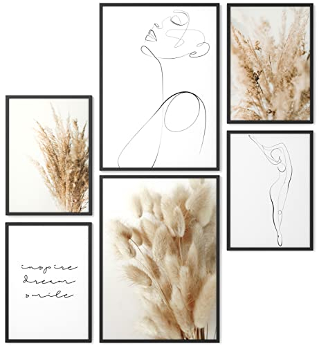 Papierschmiede® Mood Poster Set Pampas Woman, Deko Bilder Wohnzimmer, 2x DIN A4 und 4x DIN A5, Home Decoration Boho Style Frau Zeichnung Wollgras Boho beige - Wandposter ohne Rahmen