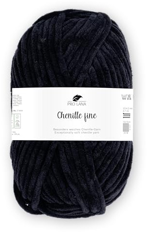 Pro Lana Chenille fine 50 g/100 m NS 5-6 100% Polyester, samtig weiche und stabile Chenille Wolle, Babywolle, Oeko-Tex zertifiziert, schadstofffrei (schwarz)