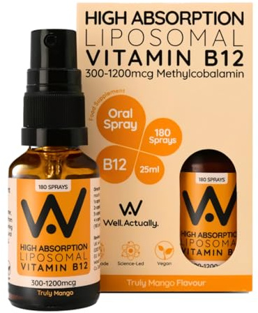 WELL ACTUALLY Liposomal Vitamin B12 Oral Spray 1200mcg, 180 Sprays, Vegan | High Strength Methylcobalamin Supplement, Fast Absorbing, Methylated Vit B12, Energy & Brain Support, Fruity Mango