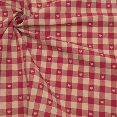 STOFFKONTOR Dekostoff Stoff bedruckt Landhaus Herzen - Meterware, Farbe Rot-Beige - zum Nähen von Tischwäsche, Kissen, Vorhängen, Dekoartikeln uvm.