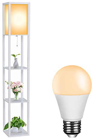 Fullwatt Stehlampe mit Holzregal Innenbeleuchtung Holz Stehleuchte mit Regalen für Schlafzimmer und Wohnzimmer (Weiß & Glühbirne)