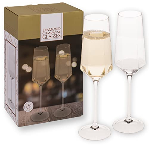 Diamond Champagne Flutes Made of Glass Set of 2 | 250 ml | Elegant Shape | in Gift Box