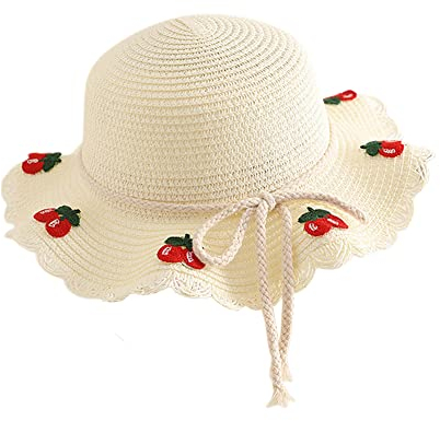 Volicph Sombrero de paja infantil para niña de verano, sombrero de paja suave, sombrero de paja para playa, protección solar, sombrero de viaje, sombrero de paja para bebé, verano, Cereza blanca, 5-9