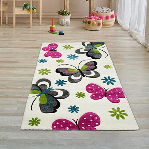 Teppich-Traum Kinderzimmer-Teppich mit Schmetterlingen | Hautsympathisch | Creme pink, 80 x 150 cm