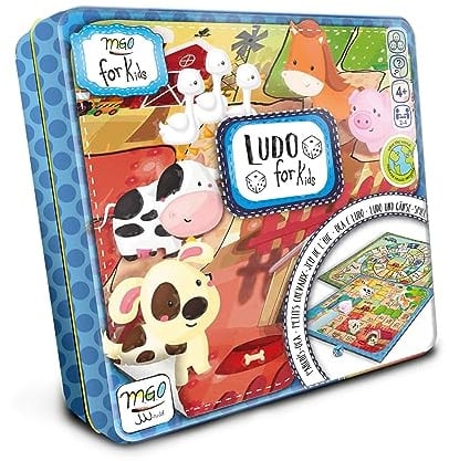 Meine ersten Spiele, Ludo und das Spiel der Gans für Kinder und Familien, klassisches Brettspiel in Metallbox, Spielstein mit Tiermotiv und Holzwürfel, für 2–4 Spieler