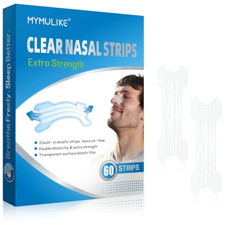 MYMULIKE Nasenpflaster Schnarchen Transparent, 60 Stück Nasenstrips gegen Schnarchen, Anti-Schnarch-Pflaster und Schnarchstopper Pflaster für verbesserte Atmung beim Schlafen und Sport