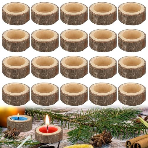 Molbory Teelichthalter Holz, 20 Stück kerzenhalter aus Holz Rund, Votiv-Teelichthalter Holz, teelichthalter aus Holz, für Hochzeiten, Tischdekoration, Valentinstag, Heimdekoration (Mit Haut)