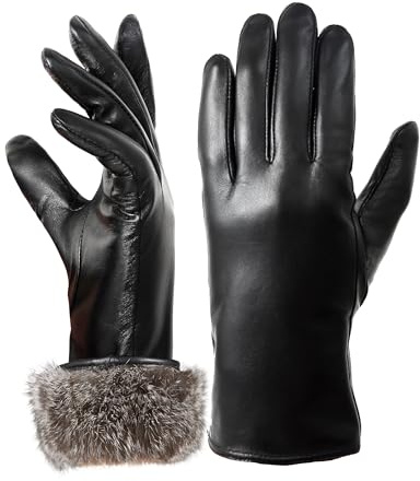 Neiicty Super Warm Fur Lined Leather Gloves Women Touchscreen Texting Driving Gloves Simple Classic Style Black Medium