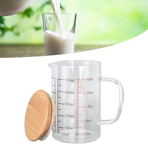 Topyond Taza Medidora de Vidrio, Con Asa, Taza Medidora Para el Hogar, Con Tapa de Madera y 3 Escalas (ml/oz/taza), Tazas de Café de Vidrio,Boquilla en Forma de V de Borosilicato Fácil de Leer (600ML)