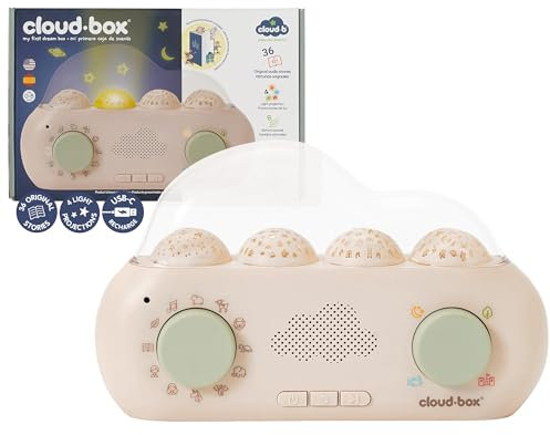 Cloud B CloudBox - Mi Primera Caja de sueños | Proyector Luz Nocturna y Cuentacuentos | 36 Cuentos Originales, 8 Melodías y 8 Ruidos Blancos | Recargable con Configuración Ajustable | Español/Inglés