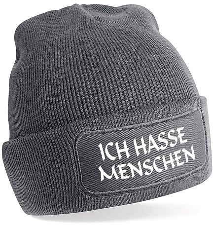 Herzbotschaft Beanie Strickmütze mit Spruch | Ich Hasse Menschen | grau | Unisex SoftTouch angenehm weiche und warme Wintermütze | OneSize Einheitsgröße für Erwachsene