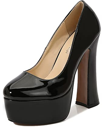 WILDKATZEN Damen Plateau Pumps Blockabsatz High Heels Elegante Damenschuhe Lack Schwarz 43 EU