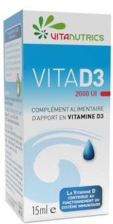 Vitanutrics - VITAD3 2000 UI - Vitamine D3 - Immunité, Dentition, Ossature - Formule Hautement Concentrée, 100% d'Origine Naturelle - Flacon Goutte 15ml