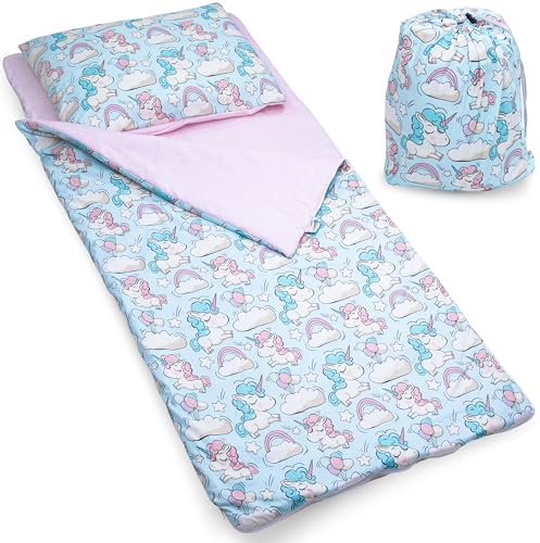 PinkZebra Schlafsack Kinder 140 x 75 cm + Kissenbezug 60 x 40 cm & Beutel, Indoor für Kindertagesstätte Kindergarten Deckenschlafsack, 3-8 Jahre (bis 135 cm Kindergröße), Öko-Tex, Einhorn