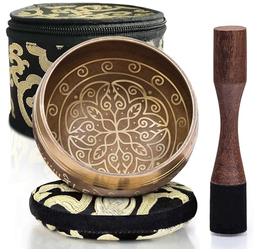 Handmade Tibetan Etched Singing Bowl Set with Case – Meditation Bowl & Sound Bowl with Cushion, Mallet & Guide – Hand-Tuned Meditation Bowl for Relaxation – Yoga Relaxation Accessories