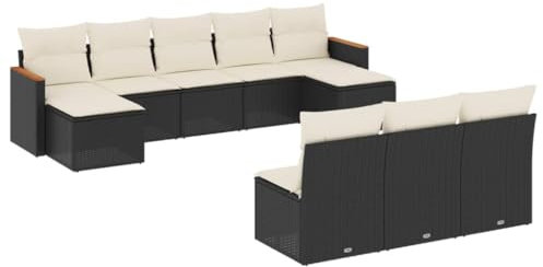 vidaXL Garten Sofagarnitur mit Kissen 10-TLG., Gartenmöbel Gartengarnitur, Sitzgruppe Sitzgarnitur, Lounge Sofa Garnitur Terrasse, Schwarz Poly Rattan