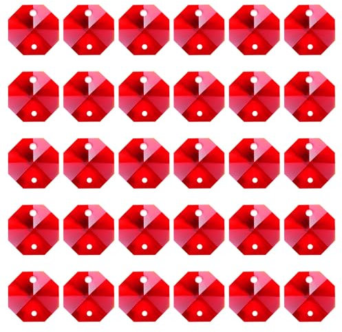 PATIKIL K9 Kristall Oktagon Perlen 2 Löcher Anhänger, 30er Pack 14mm Kronleuchter Prismen Teile Verzierungen Hängende Perlen für DIY Kunsthandwerk Dekoration, Rot