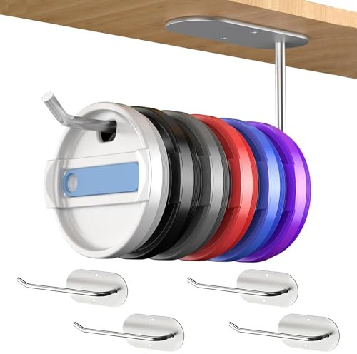 4PCS Tumbler Lid Organizer,Space Saving Cup Lid Organizer Hook for Yeti Tumbler/ Stanley Tumbler Lids,Self-Adhesive or Drilling Cup Lid Organizer for Kitchen Organizers and Storage (Short Style-4pcs)