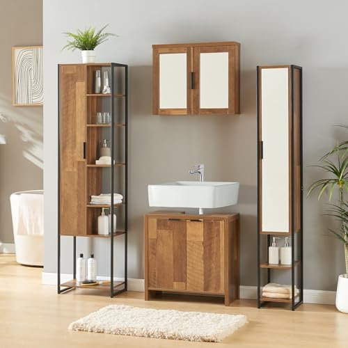 [en.casa] Ensemble de Meuble de Salle de Bain 4 Pièces avec 2 Colonnes Meuble sous Lavabo Armoire Murale avec Miroir Panneau de Particules Métal Effet Noyer Noir