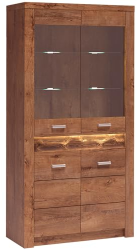 Lomadox Vitrinenschrank Vitrine Highboard Sideboard Kommode Aufbewahrungsschrank Wohnzimmer Schrank modern in braun mit LED Beleuchtung