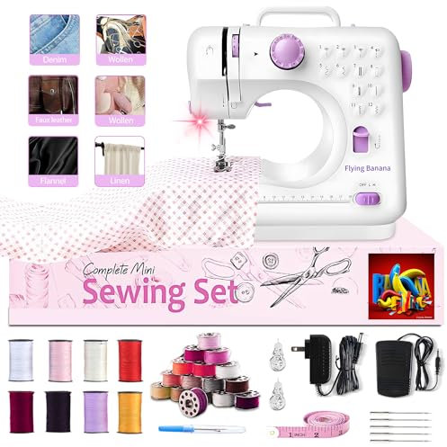 Home Mini Nähmaschine für Anfänger, tragbare elektrische Nähmaschinen, 12 integrierte Stitchmuster, 2 Geschwindigkeitsstufen mit Fußpedal & Nähset für Kinder, Alter 8 – 13