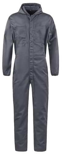 Yukirtiq Men's Lightweight Hooded Overall Hard Wearing Solid Color Mechanics Boiler Suit Workwear Hooded Boilersuit Coverall, Grey, XL