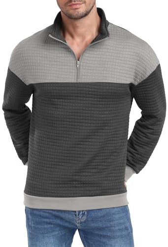 MLANM Sweatshirts for Men Casual Contrast Color Quarter Zip Polo Shirt Long Sleeve Pullover Waffle Jumper Dark Light Gray L