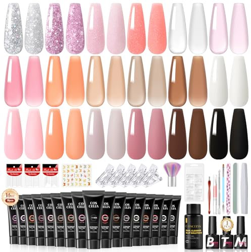 COSCELIA Poly Nail Ongle Gel Kit 40pcs, 18 x 16ML Professionnel Poly Extension Tube Gel avec Base et Top Coat Faux Ongles, 30ml Slip Solution Nail Art Outil