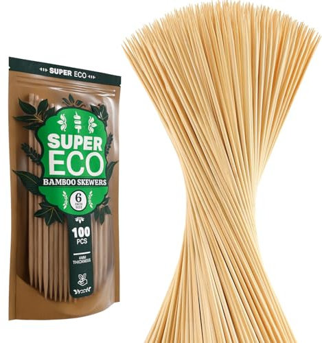 SUPER ECO 100 Pcs Natural Bamboo Skewers, Wooden Skewers for Appetizers, Fruit, Kebabs, Grilling Barbecue, Mini Burger, Sausage, Cocktail, Long Toothpicks, Food Sticks Natural (6 Inch)