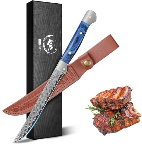 Golden Bird Ausbeinmesser profi 14,5 cm – Filetiermesser aus Damaststahl mit VG10-Kern, professionelles Küchenmesser mit ergonomischem blauen Full-Tang Holzgriff und Schutzscheide