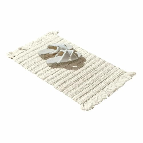 Loberon Badematte Dreamyville, Creme | Stilvolle Fransen, Besonderes Streifenmuster, Weiche Haptik, Badteppich, Badvorleger, Badtextilien, Baumwolle