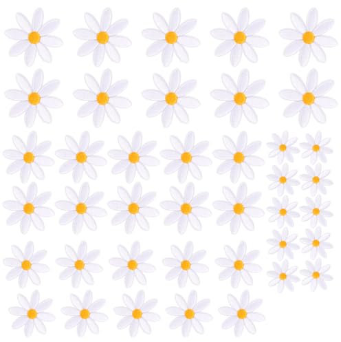 Tinoaly 40Pcs Daisy Flower Iron on Patches, 4 Sizes White Flower Sew on Patches Cute Embroidery Applique for Decoration Clothes Bags Hat Jeans Backpacks Shirts