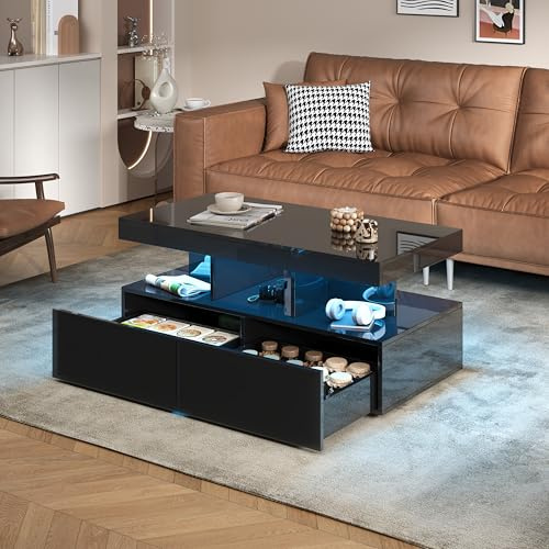 DAHUEN Hochglanz Couchtisch mit LED Beleuchtung, Wohnzimmertisch mit Offenem Ausstellungsregal und 2 Schublade (Schwarz)
