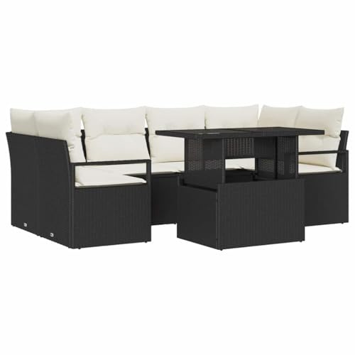 vidaXL 7-teiliges Gartensofa-Set mit Kissen in Schwarz aus Poly-Rattan – Modulare Möbel für Balkon und Terrasse, Bequeme Sitzgelegenheit, wetterfest, modernes Loungeset.