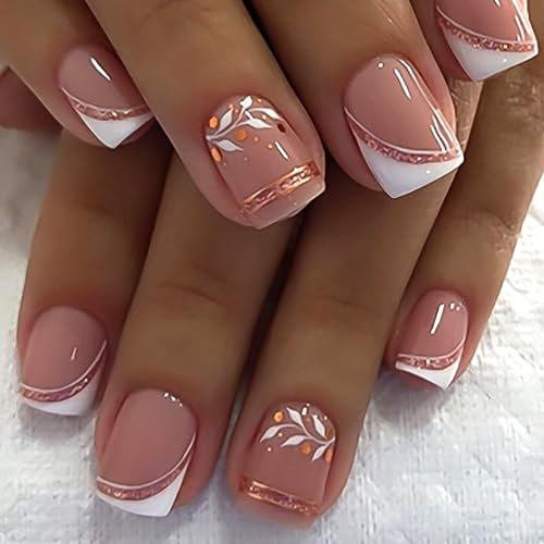 Ceboic 24 Stück Nägel Zum Aufkleben Kurz Eckig, French Press on Nails Nude Rosa Künstliche Nägel mit Blätter Design, Natürlich Acryl Fingernägel zum Aufkleben, Full Cover Kunstnägel für Frauen