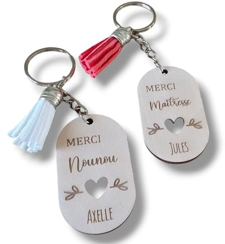 Porte-clé personnalisé fin d’année – Cadeau pour maîtresse, nounou, ATSEM – Avec prénom et pompon au choix