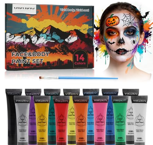 VIKUKIV 14 Colors Face Body Paint Kit Professional Water Based Face Painting for Adults and Kids Multi-Color Special Effects Makeup Set for Halloween Christmas Party Cosplay 0.7OZ Each
