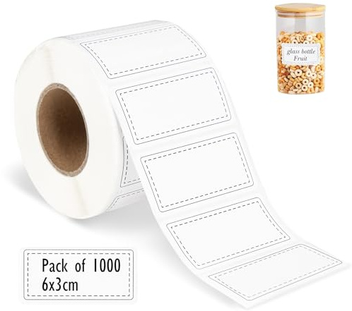 adorbox White Sticky Labels Stickers, 1000 Pcs Self Adhesive Address Labels | Address Labels Roll (60mm x 30mm), Blank Sticker Label for Kitchen Freezer, Food Container, Jars and Office Name Tag